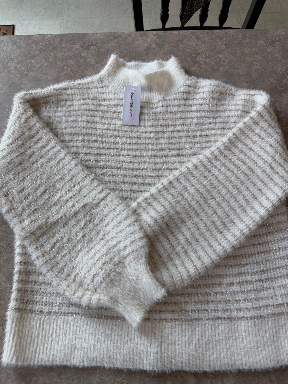Liz Claiborne Cream & Metallic Fold Striped Sweater